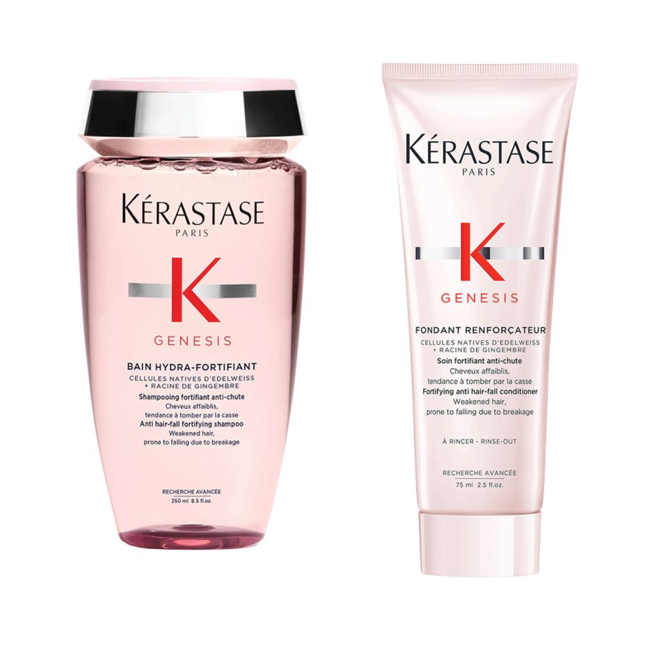 Bedste fugtgivende produkter til tyndt hår: Genesis Bain Hydra-Fortifiant Shampoo + Fondant Renforcateur Conditioner fra Kérastase