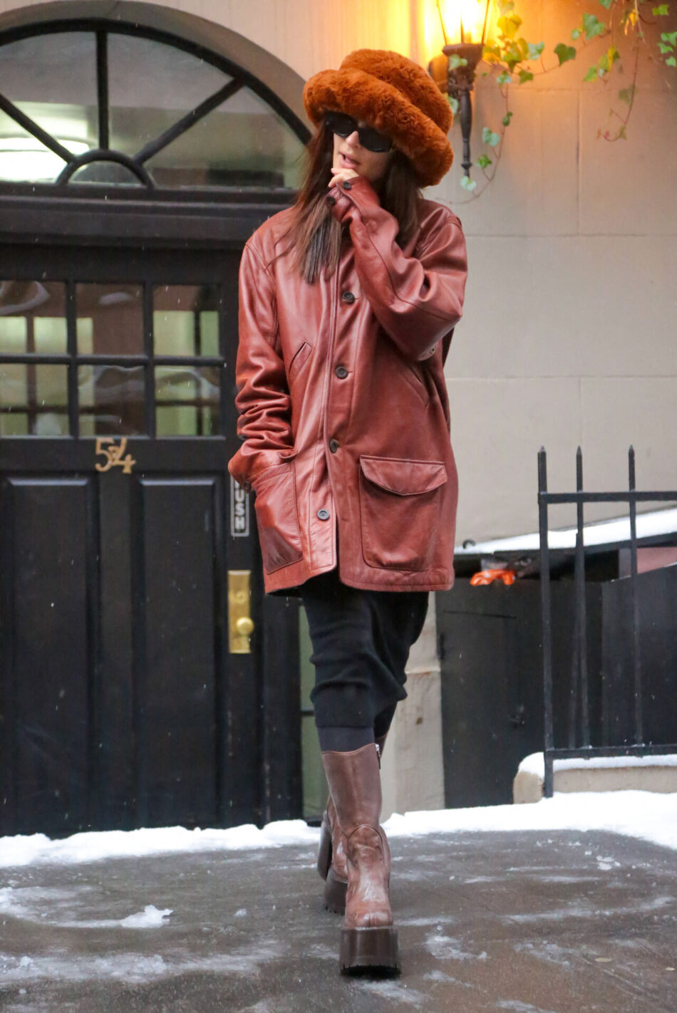 Emily Ratajkowski spotted out in New York City, Ny, USA on January 16, 2024, wearing a fur hat and platform boots. Photo by BauerGriffin/INSTARimages/ABACAPRESS.COM