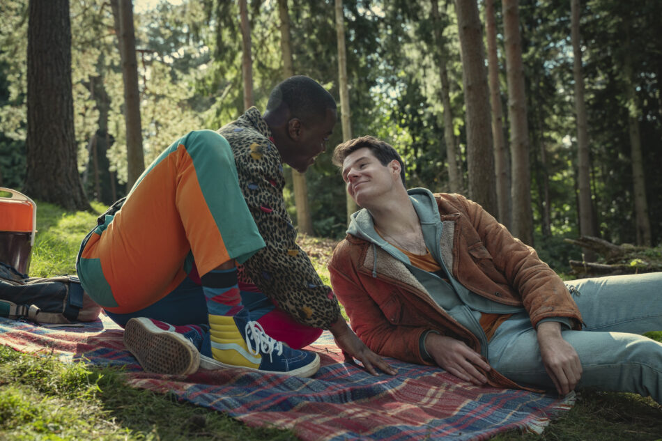 Sex Education Season 3.  Ncuti Gatwa as Eric Effiong, Connor Swindells as Adam Groff in Episode 2 of Sex Education Season 3. Cr. Sam Taylor/NETFLIX © 2020